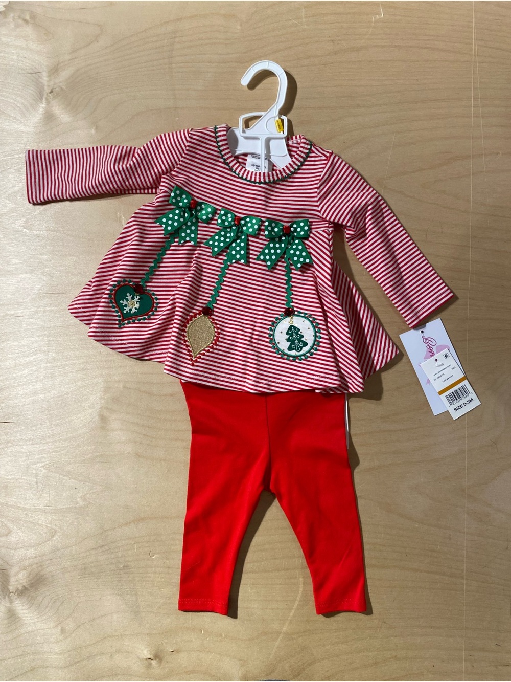 Bonnie Baby Red & Green Striped Ornament Tunic with Red Leggings 0-3 Months (W)